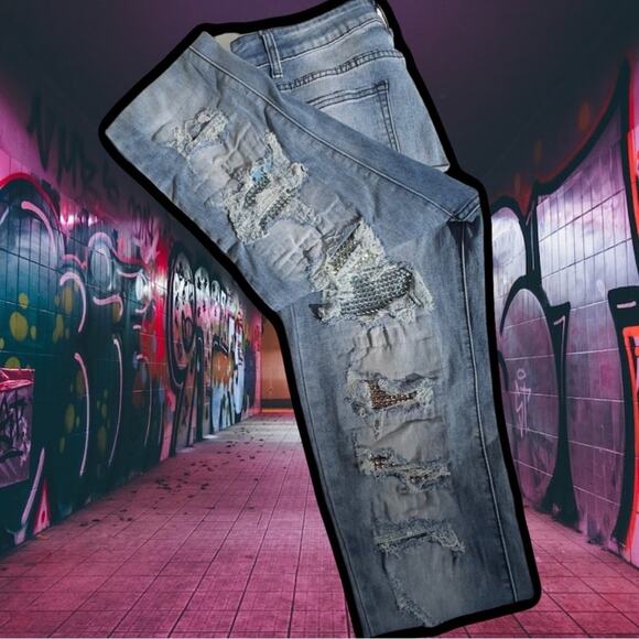 Blue Topic Rhinestone Studded Patch Distressed Denim Jeans Y2K Style - Size 9/10 - Picture 14 of 16